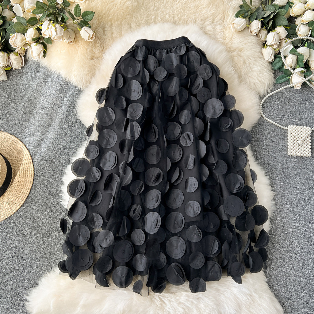Rok jaring hitam polkadot tiga dimensi berkualitas tinggi untuk wanita Rok payung panjang sedang ber