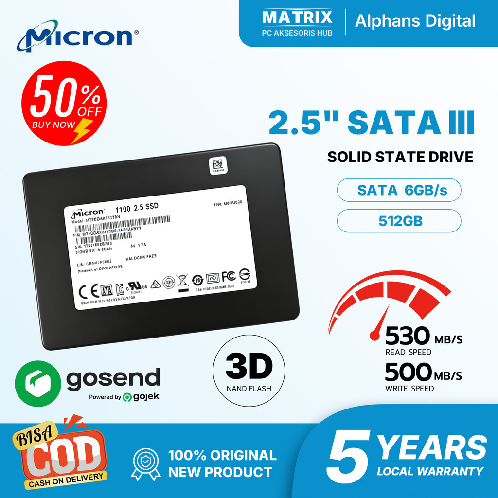 SSD Micron 1100 / 1300/ M600 512GB SATA III 2.5 Inch 530MB/s Garansi 3D TLC NAND untuk Laptop PC