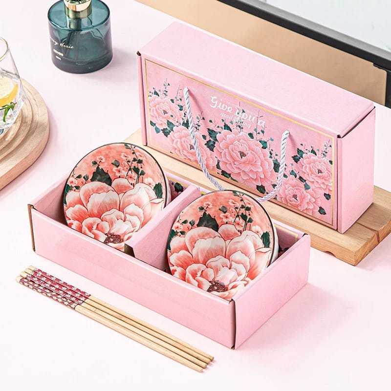 Peoni mangkok set 2 Keramik Jepang Wadah Saji dengan sumpit bambu estetik hampers