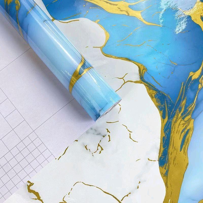 Wallpaper Dinding Bahan PVC Anti Air Wallpaper Marmer Biru Kombinasi Putih