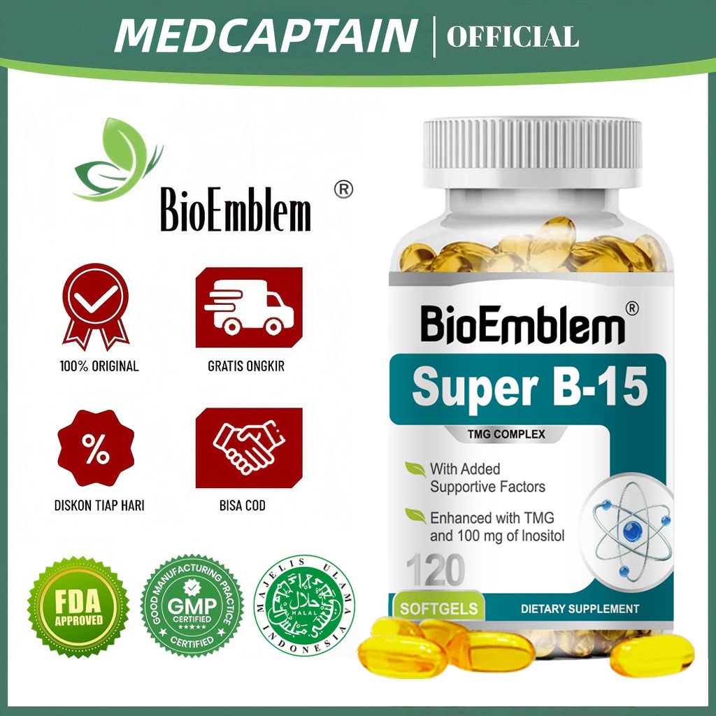 MEDCAPTAIN BioEmblem Super B-15 Softgel 120pcs with Niacin, Calcium & Inositol Suplemen Energi, Foku