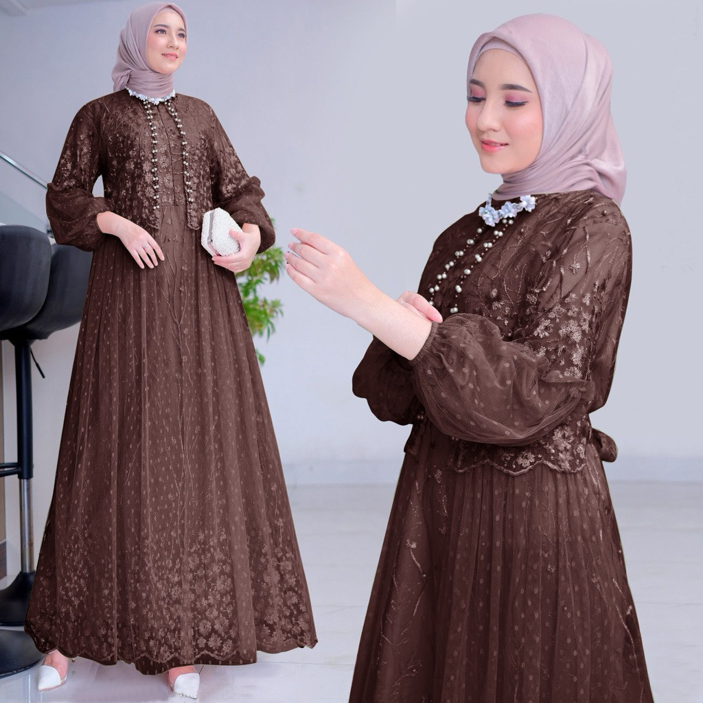 Gamis Pesta Brukat Mahogany – Gamis Kondangan Mewah Wanita Muslim (M–3XL)
