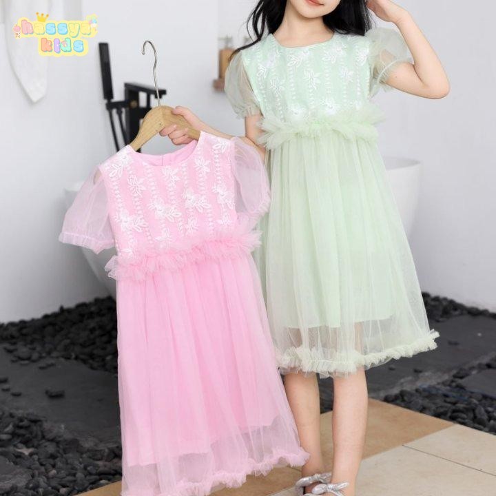 Haasy kids Gaun Anak Perempuan Tulle Imut Dua Warna – Model Pesta dengan Bordir Bunga & Lengan Balon