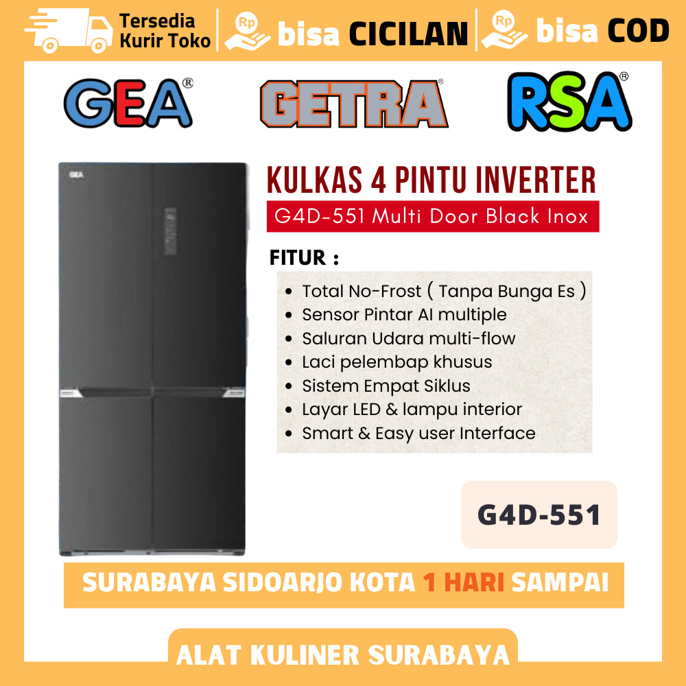 Gea G4D 551 G4D-551 Kulkas Side By Side 4 Pintu Inverter 551 Liter