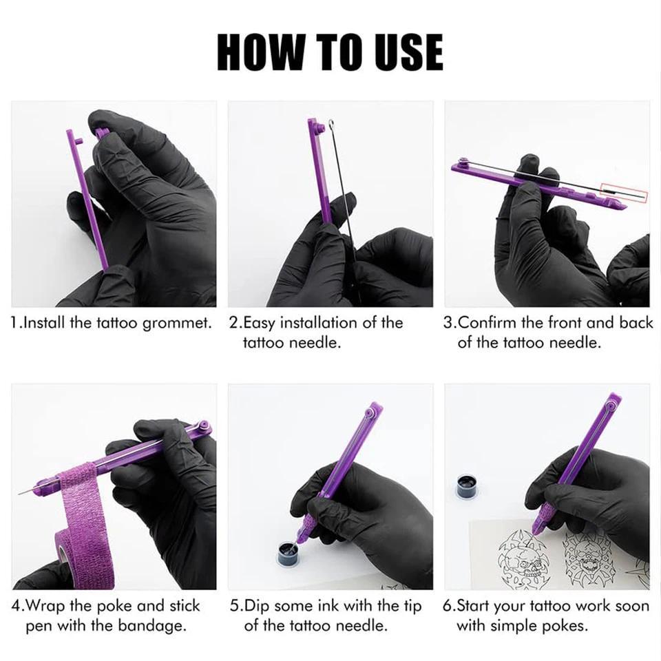 Kit Tato 3D Hand Poke dan Stick DIY, Set Stick Hand Poke 3D dengan Tinta Tato, Sarung Tangan, Gromme