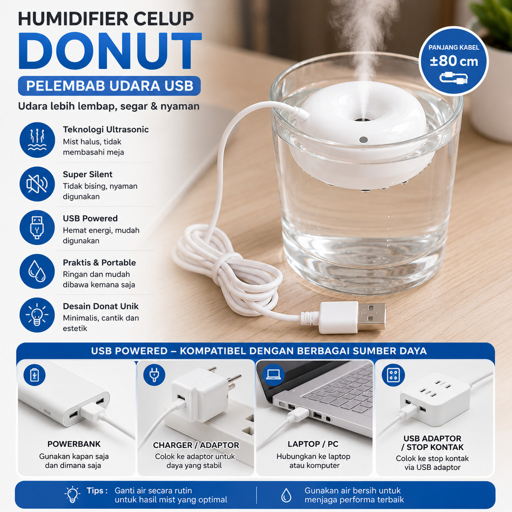 Humidifier Mini Donat Ultrasonic Celup USB Portable Air Humidifier Silent Pelembap Udara Aroma Diffu
