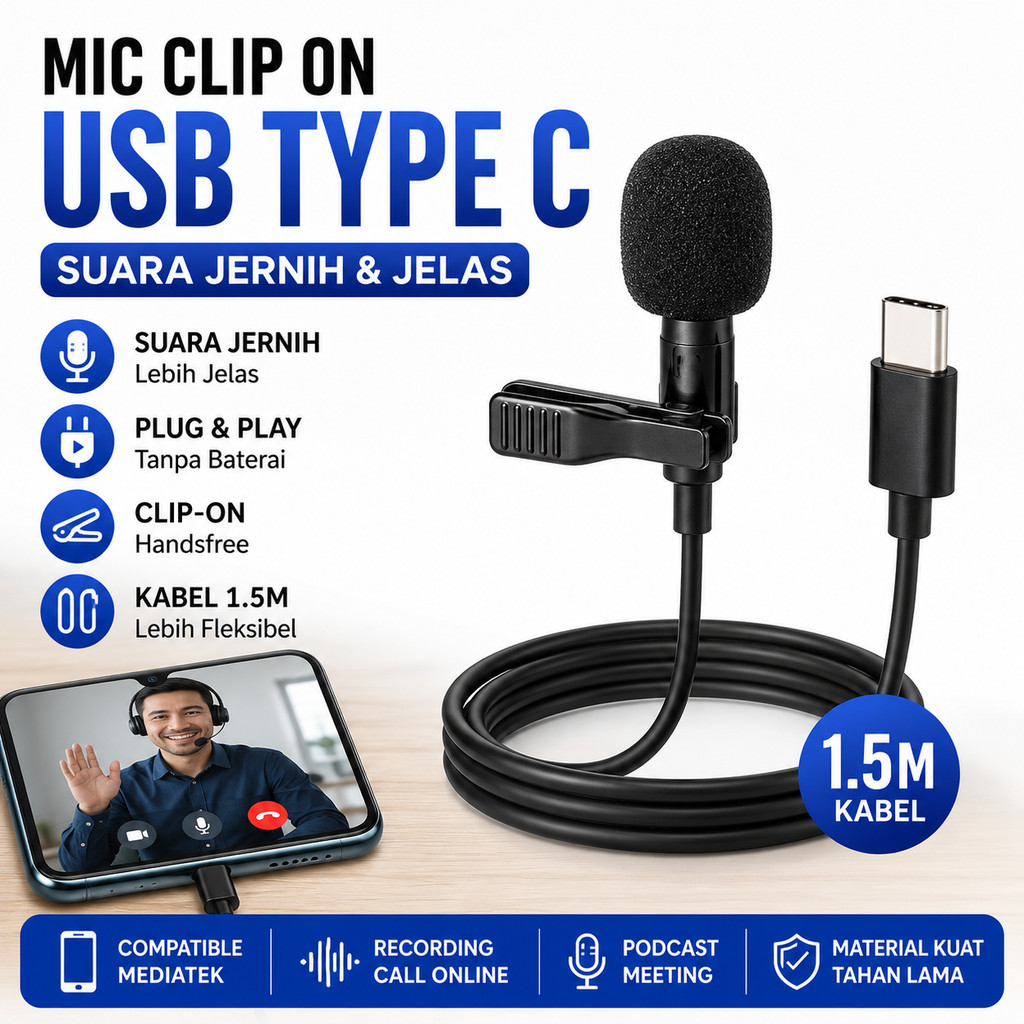 Mic Clip On USB Type C Microphone Smartphone Lavalier Klip Kerah Baju Mikrofon Rekaman Recording Vlo