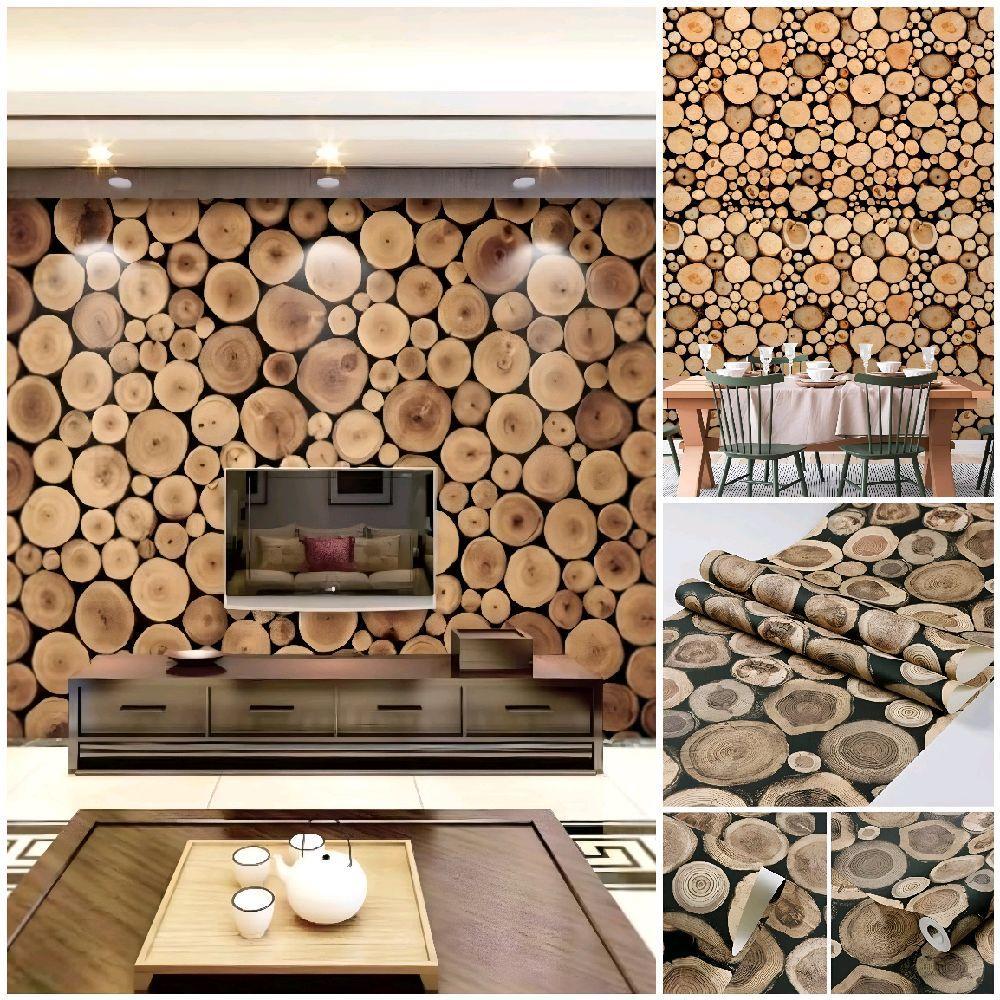 Wallpaper Dinding Sticker Wallpaper Ruang Tamu Motif Kayu Potong 3D