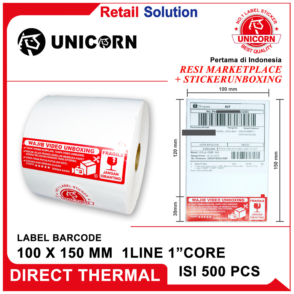 Stiker Label Thermal AWB Resi Alamat Unboxing Fragile A6 100x150 @500