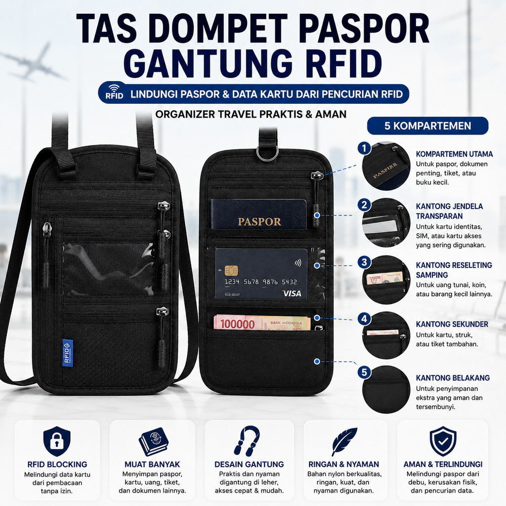 Dompet Paspor Travel Gantung Leher RFID Blocking Neck Wallet Organizer Dokumen Tiket Kartu Uang Aman