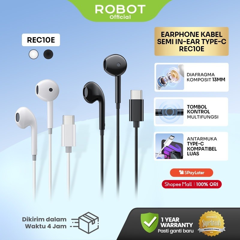ROBOT  New Earphone Type-C Semi In Ear Headset Kabel Mic HD Stereo Bass 13mm Kompatibel Semua Device REC10E - Garansi 1 Tahun