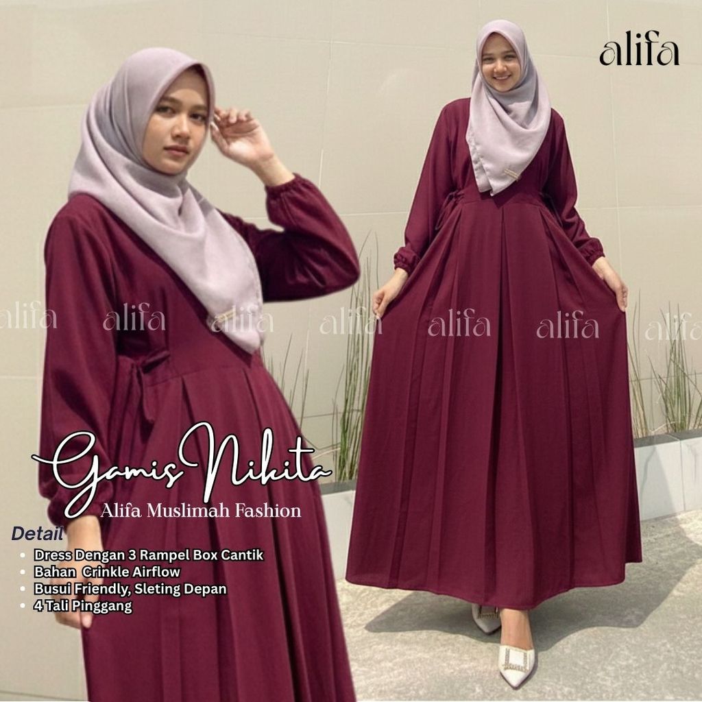 Alifa Muuslimah Fashion - Gamis Basic Nikita maroon merah tua merah hati sleting depan busui