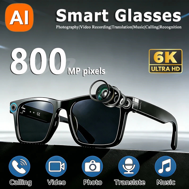 6K HD AI Camera Glasses 800MP Photochromic Multifunctional Smart Glasses Bluetooth Calling Photo Vid