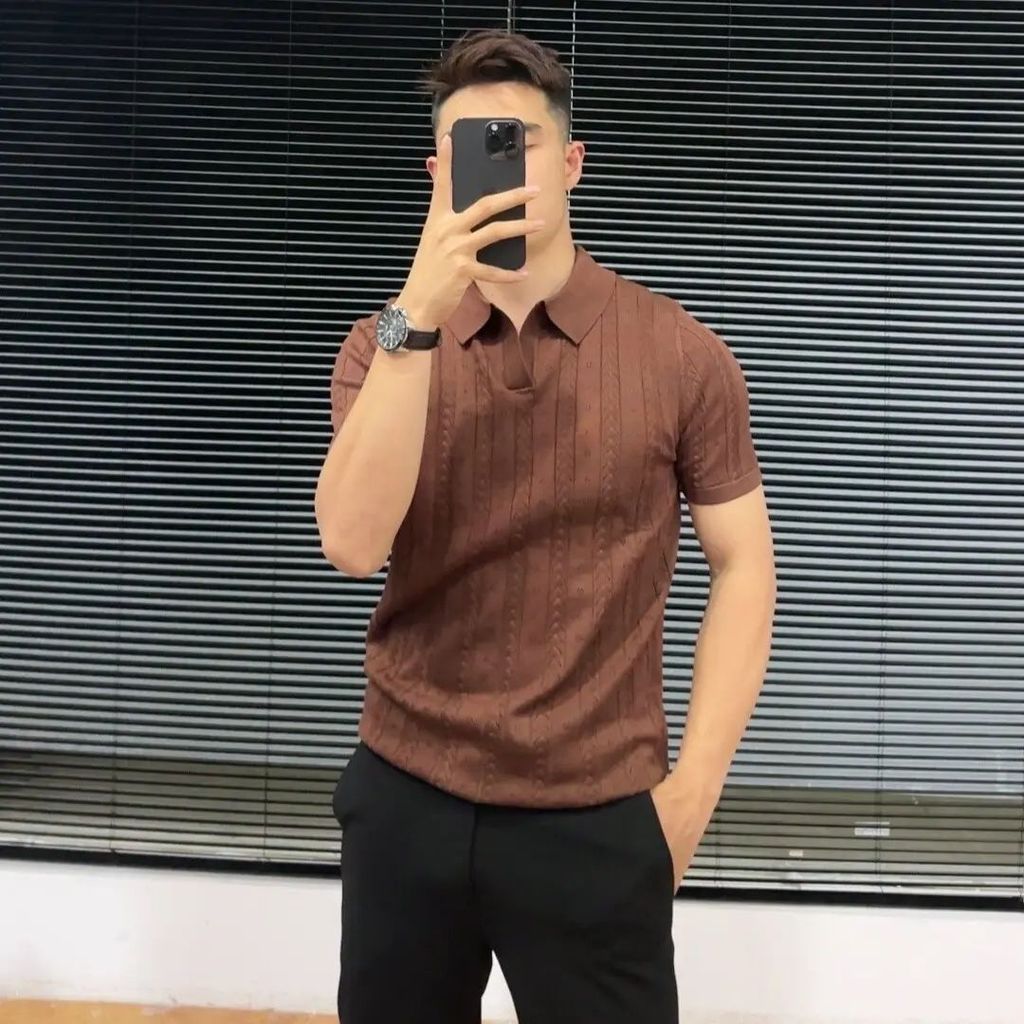 Kaos POLO rajutan sutra es kaos lengan pendek pria berlubang