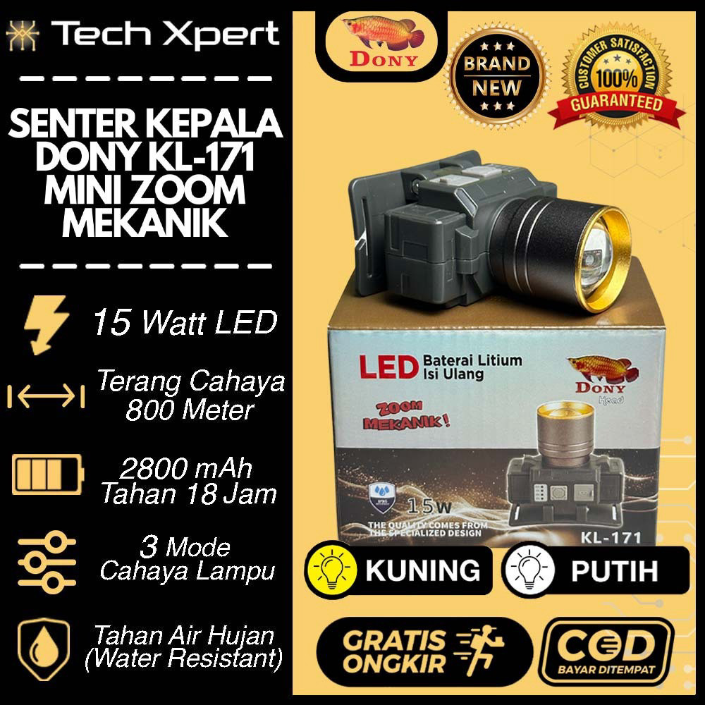 SENTER KEPALA LED DONY 15 WATT KL-171 "MINI ZOOM MEKANIK" ORI ANTI AIR TAHAN LAMA OUTDOOR