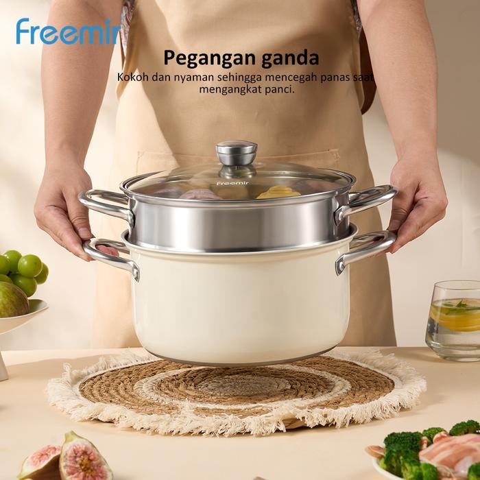 [BARU] freemir Panci Kukus 2 Susun 24CM Panci Stainless Steel Panci Anti Karat Anti Lengket Multifun