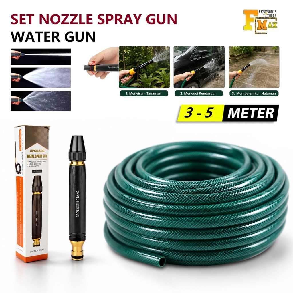 Paket Selang Air Komplit Panjang 3 - 5 Meter 1/2 Inchi Cuci Motor Mobil Siram Tanaman Free Nozzle