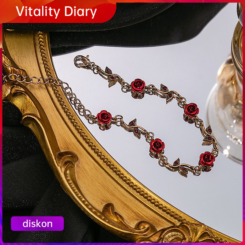 Set Kalung Cincin Gelang Titanium Anti Karat Bunga Mawar Merah Retro Kalung Wanita Perhiasan Hadiah