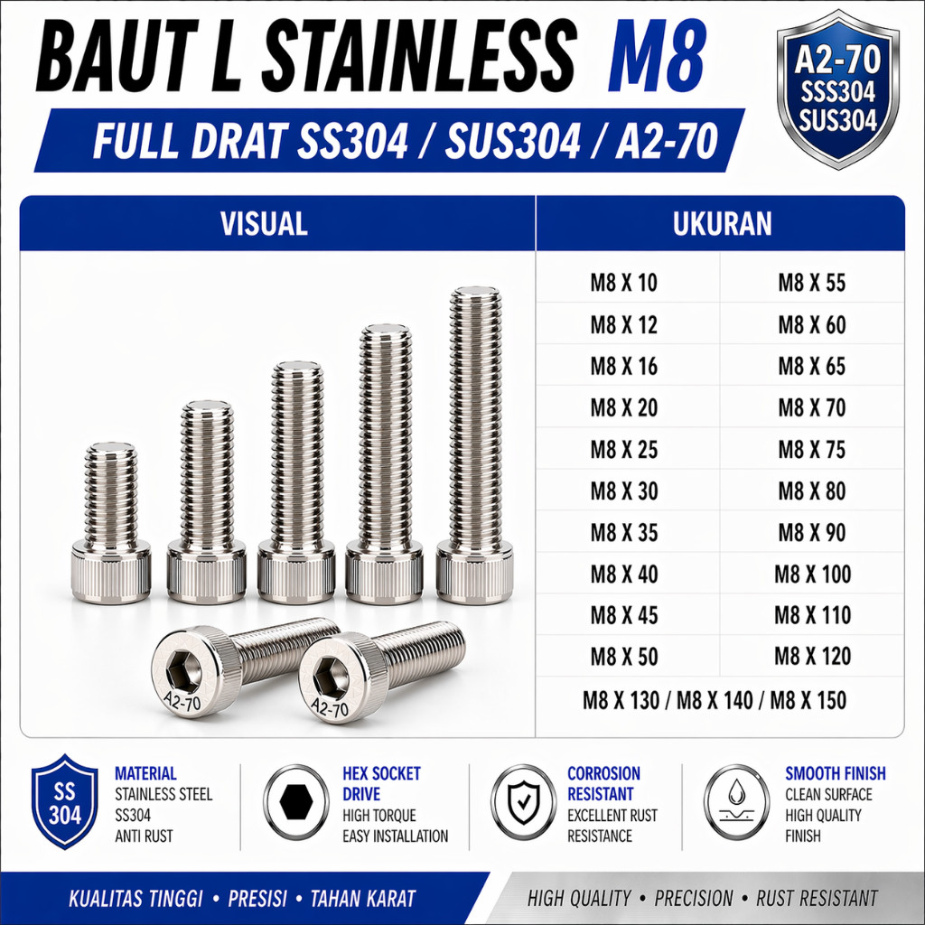 Baut L Stainless M8X55 / 8X55 / M8 X 55 / 8 X 55 Full Drat SS304 / SUS304 / A2-70