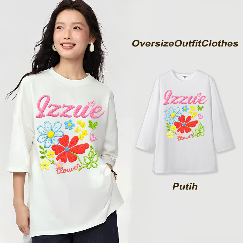 Oversize Outfit Clothes | Kaos Oversize Lengan 7/8 Motif Bunga Warna-Warni Bordir Tiruan Izzue Style