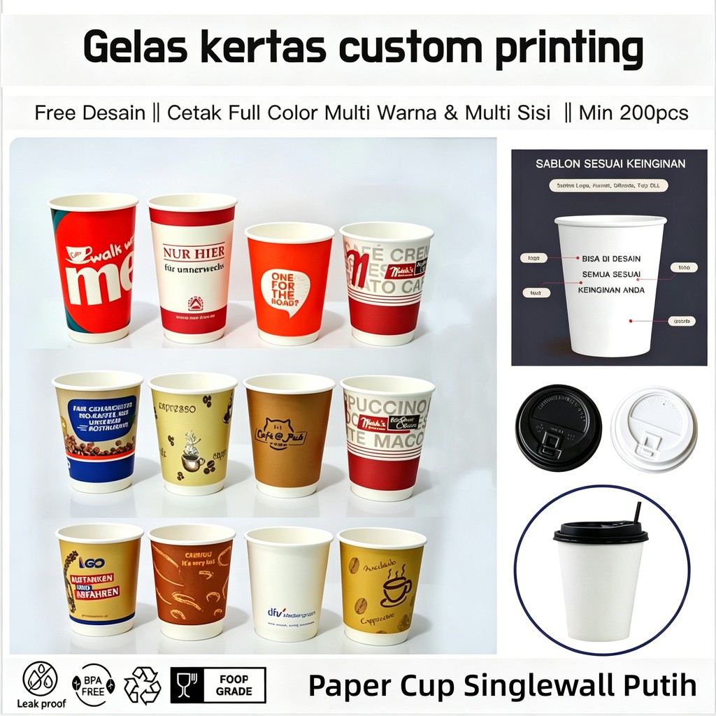 Sablon Paper Cup Tebal Single Wall  8oz 12oz 16oz  22oz  + Tutup | Sablon Logo Full Color Multiwarna