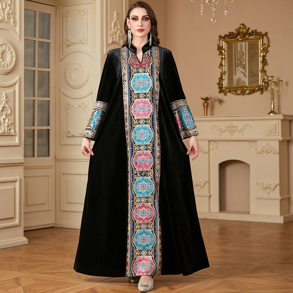Robe Muslim Gold Velvet Embroidered Long Skirt Sleeve Split Dress