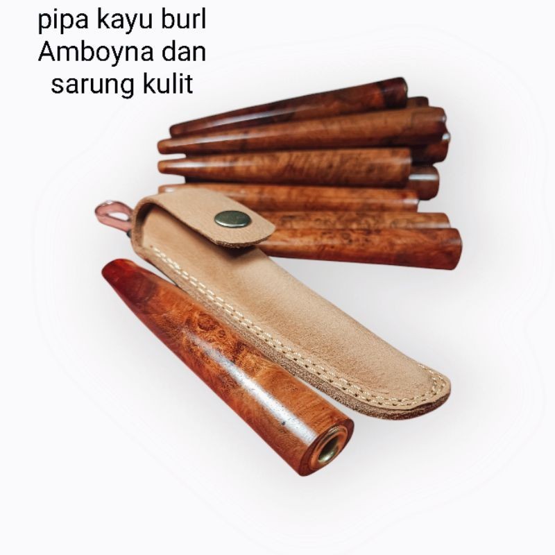 pipa once kayu Amboyna dan sarung kulitnya