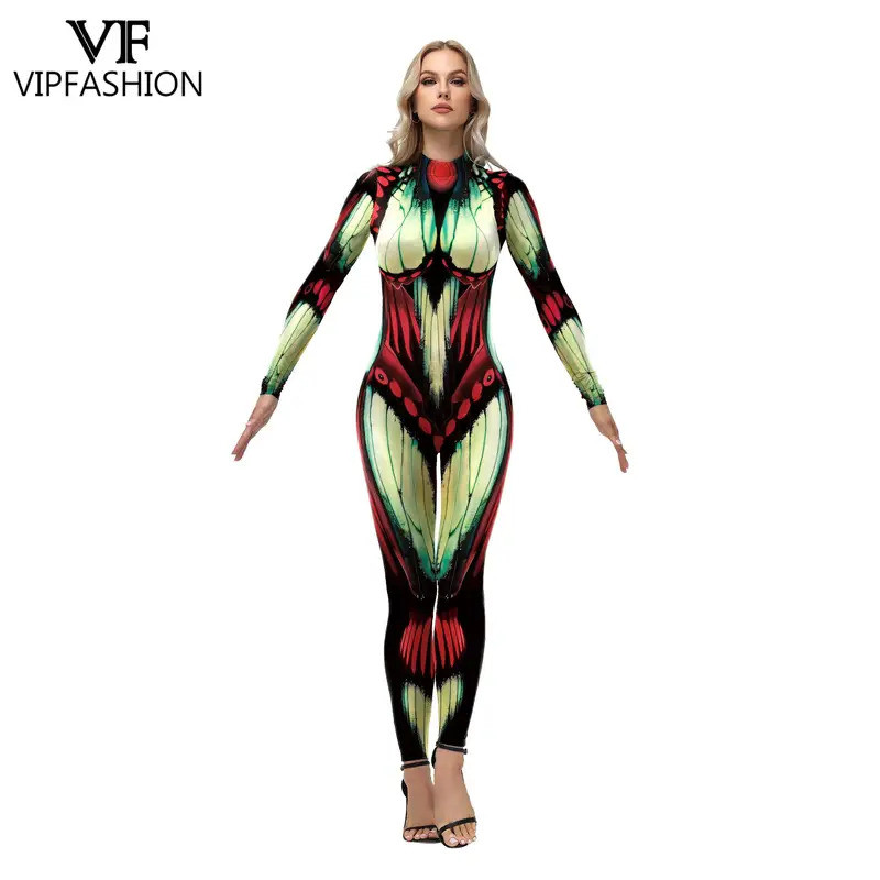 VIP FASHION Women Snake Butterfly Print Jumpsuit Animal Party Zentai Catsuit Halloween Cosplay Costu