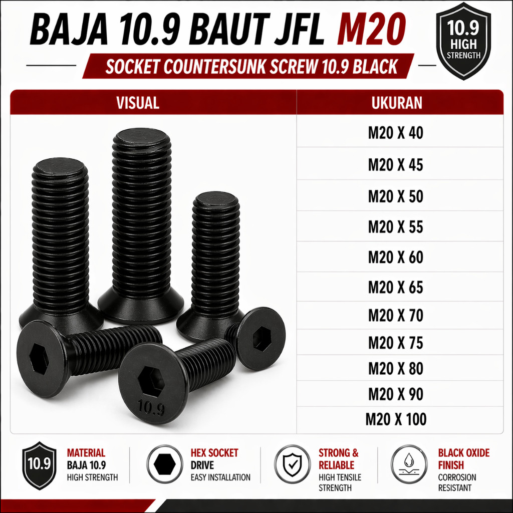 Baja 10.9 Baut JFL M20X70 / Baut Verseng L 20X70 / Countersunk L M20 X 70 / 20 X 70  - Socket Counte