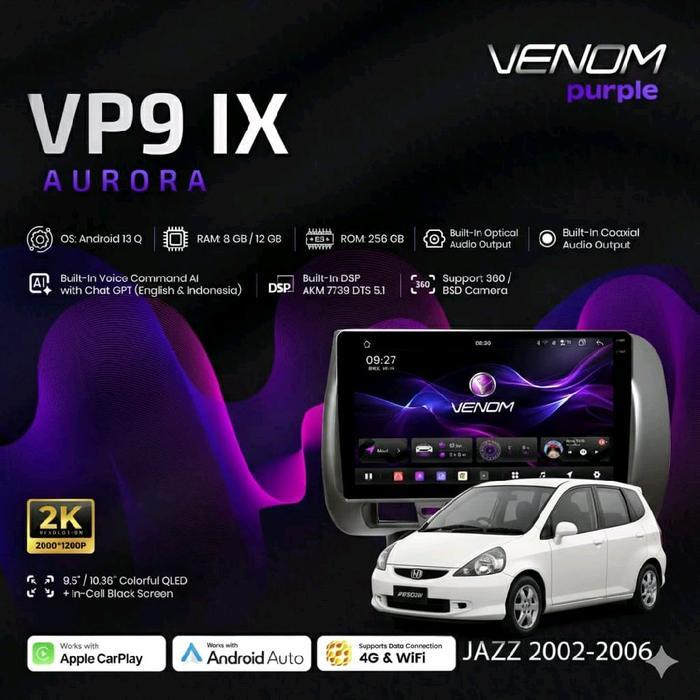 VENOM VP9 IX AURORA Head Unit Android 13 untuk HONDA JAZZ 2002-2006 Layar 2K QLED 10.36 Inch RAM 8/1