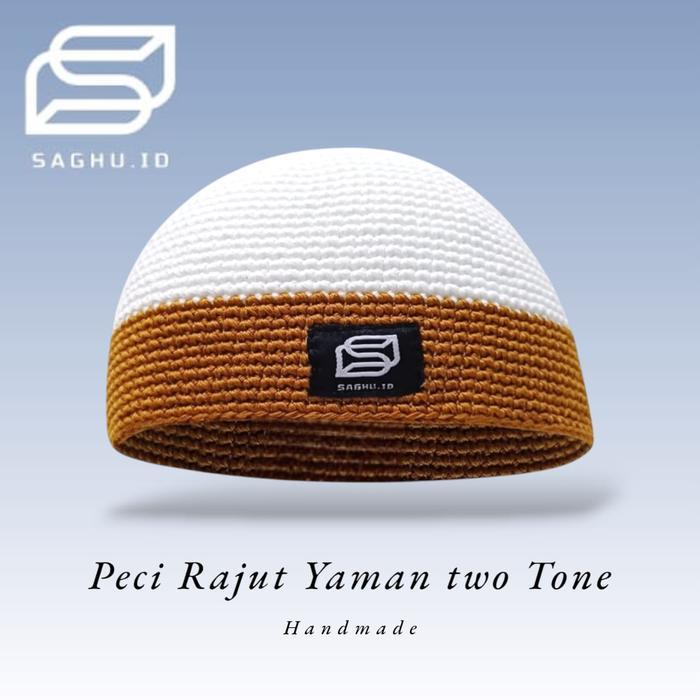 Terlaris_ Peci Rajut dewasa Yaman Kombinasi 2 warna seri 2 By Saghu.Id Muslim Nyaman - Putih Gold, A