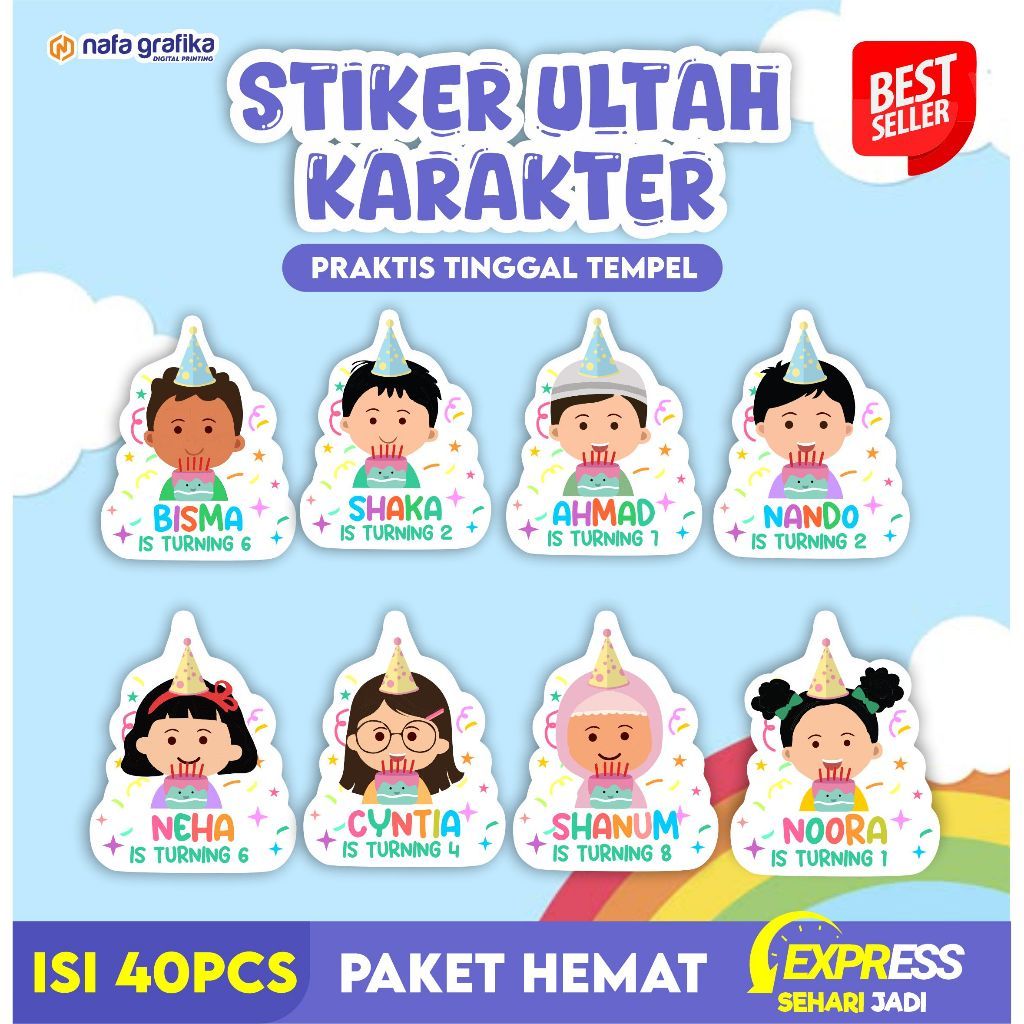 Stiker Ulang Tahun Anak Sticker Ultah Custom Karakter Topi Lucu Label Bento Sudah Cutting