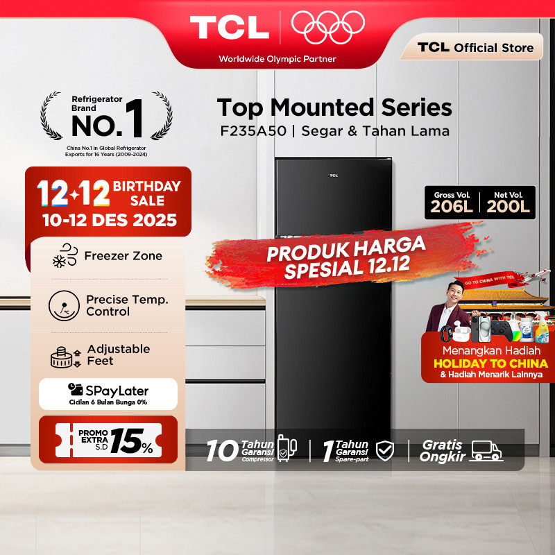 [BIGGER CAPACITY] ] TCL Kulkas 2 Pintu (Refrigerator) - Kapasitas 206L - Electronic Control - Adjust
