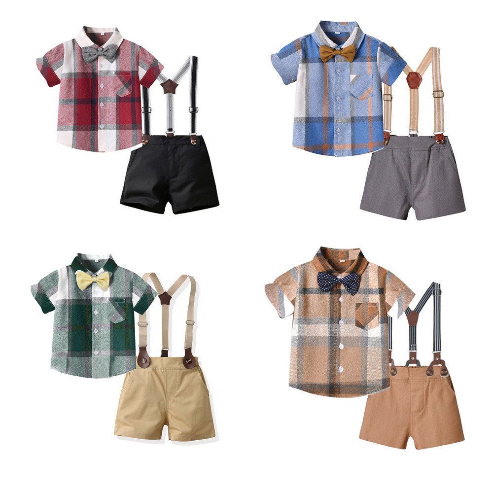 Kemeja Lengan Pendek Kotak-kotak Anak Laki-laki dengan Dasi Kupu-kupu dan Celana Pendek - Gaya Trend