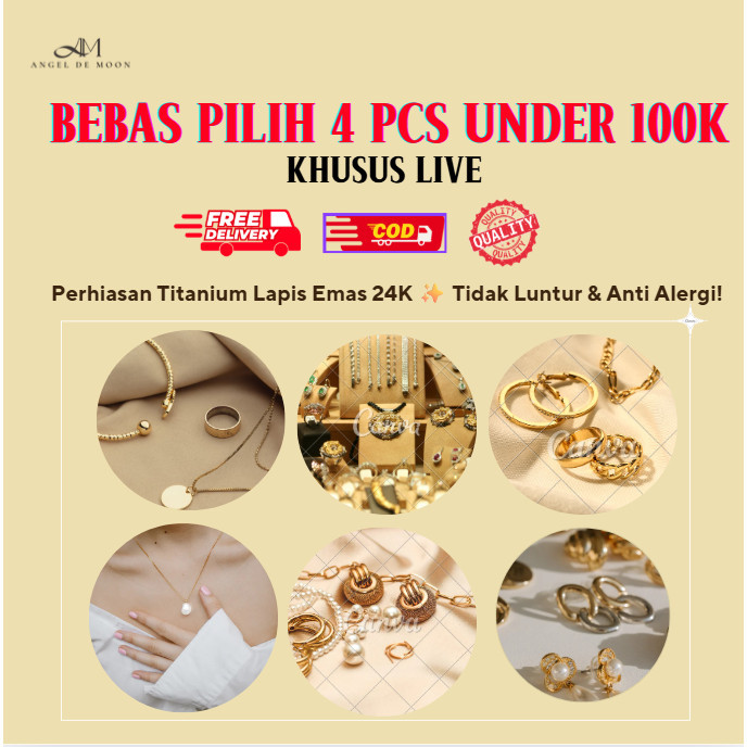 COD Bebas Pilih 4 PCS Titanium Under 100K, KHUSUS LIVE (Kalung, Cincin, Gelang Bangle, Gelang Tangan