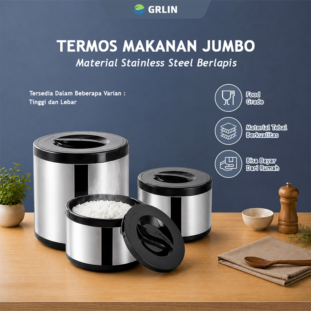 GRLIN Termos Makanan Jumbo Isi 3 Ukuran Tahan Panas Termos Makanan Portable Untuk Piknik Wadah Saji 