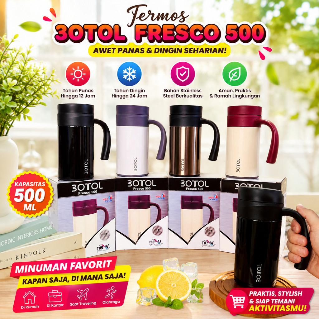 3OTOL Termos Tumbler Gelas Fresco 500ML Thermos Botol Cangkir Mug Minuman Kopi Teh Stainless SUS304 