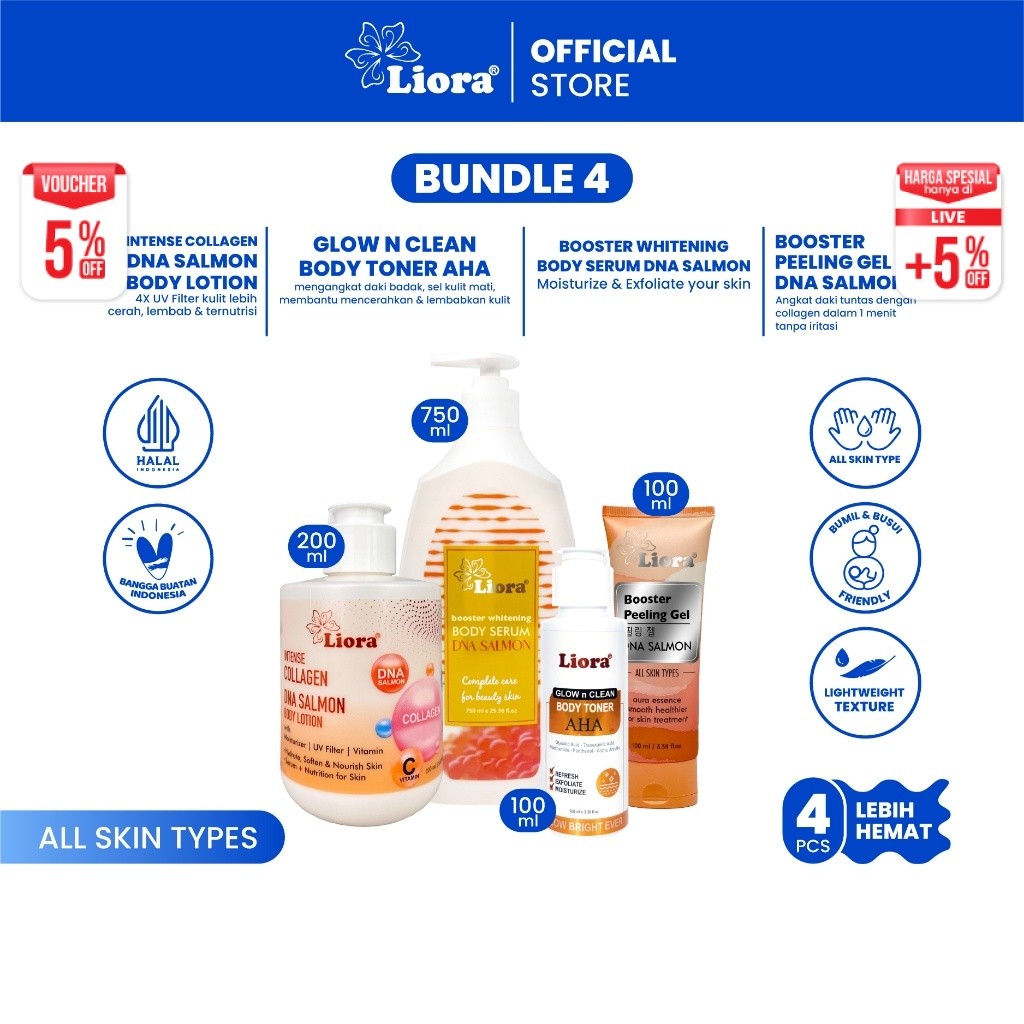 [Paket Hemat 4PCS] LIORA Body Serum DNA Salmon 750ml + Intense Collagen 200ML+ Peeling Gel Dna Salmo