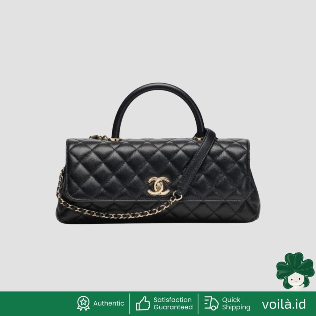 Coco East West Maxi Flap Bag with Top Handle Caviar Leather Black Ghw