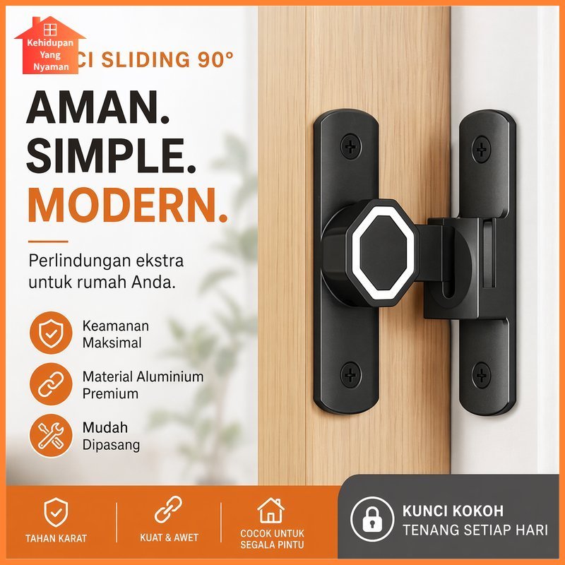 Grendel Kait Pintu Geser Kunci 90 Derajat Aluminium Anti Maling Jendela Pagar Lemari Kabinet