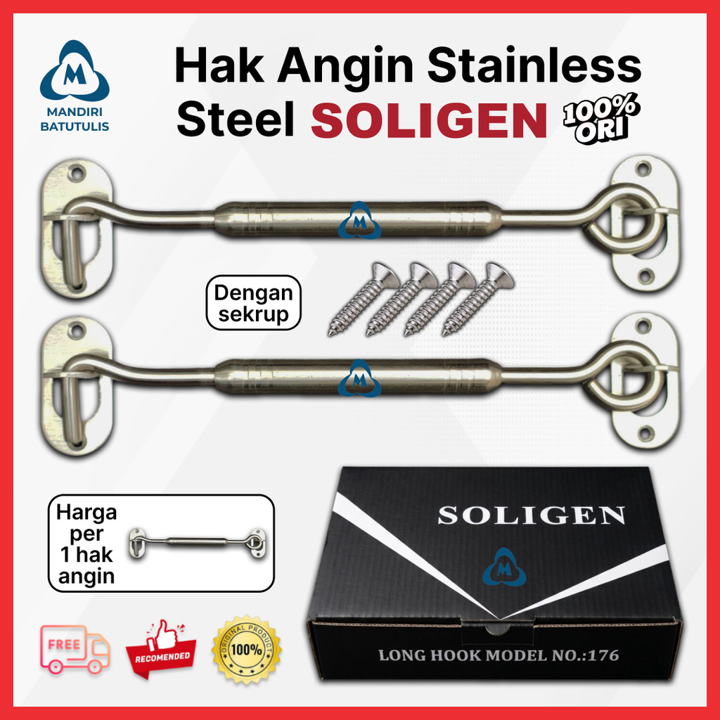 Hak Angin Jendela Stainless SOLIGEN 8 Inch / Window Hook 20cm Anti Karat + Sekrup - Pengait Jendela 