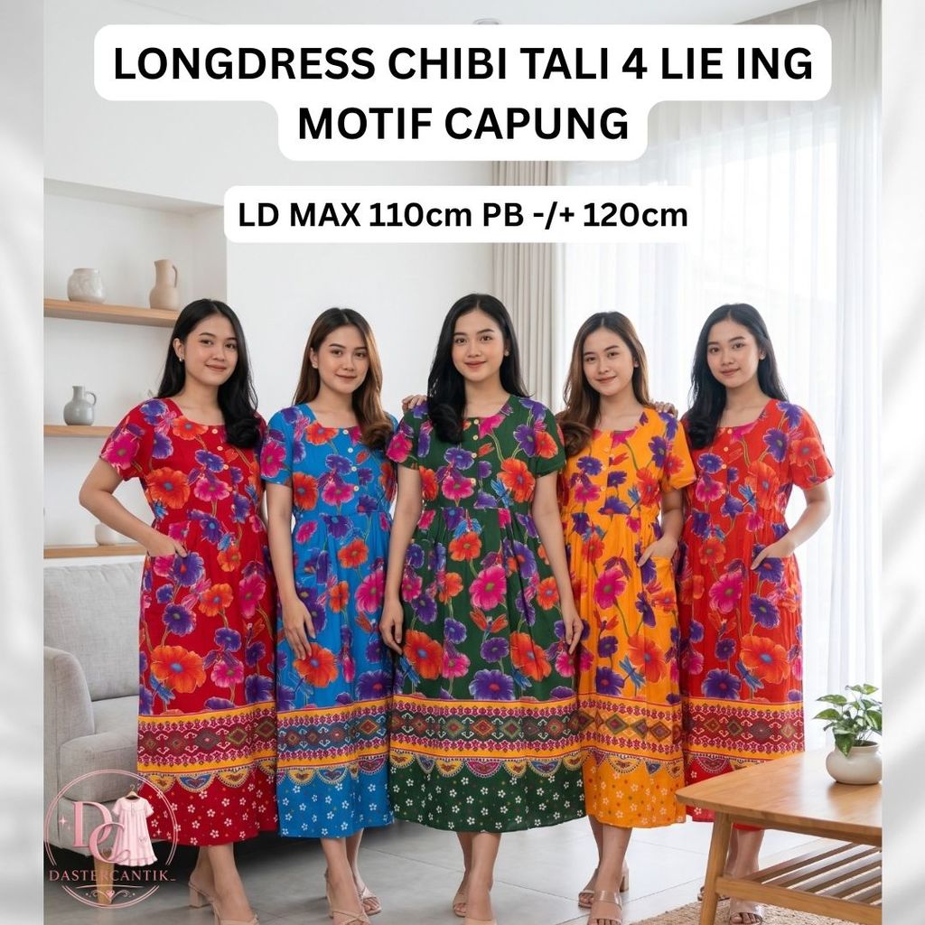DASTER CANTIK LIE ING LONGDRESS CHIBI TALI 4 MOTIF CAPUNG MAKSIMAL LD 110 CM