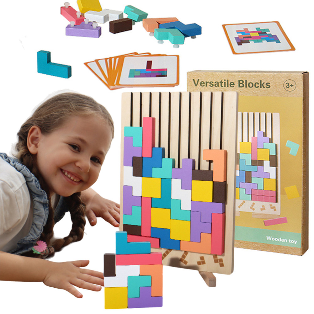 Wood Russian Blocks Puzzle Brain Teasers Intelligence Colorful 3D STEM Montessori Russian Building B