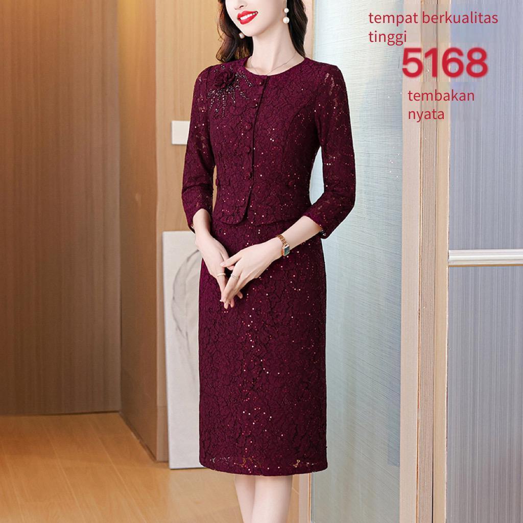 202512v Gaun Musim Gugur Musim Dingin Renda Warna Merah Anggur Elegan Wanita Musim Gugur Model Baru