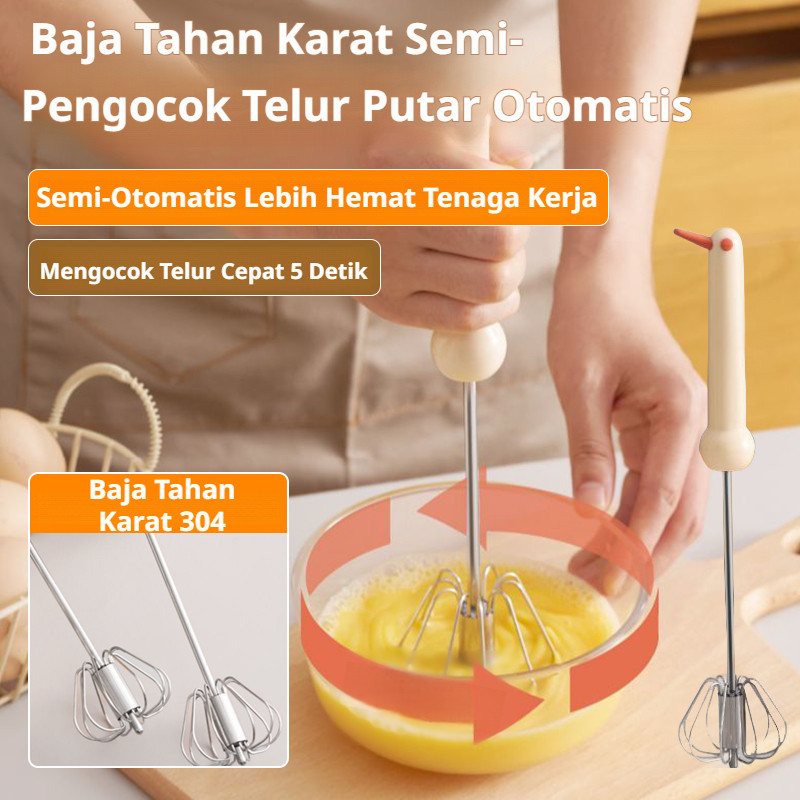 Pengocok Telur Putar Semi-Otomatis Stainless Steel | Pengocok Telur dan Krim Manual untuk Rumah Tang