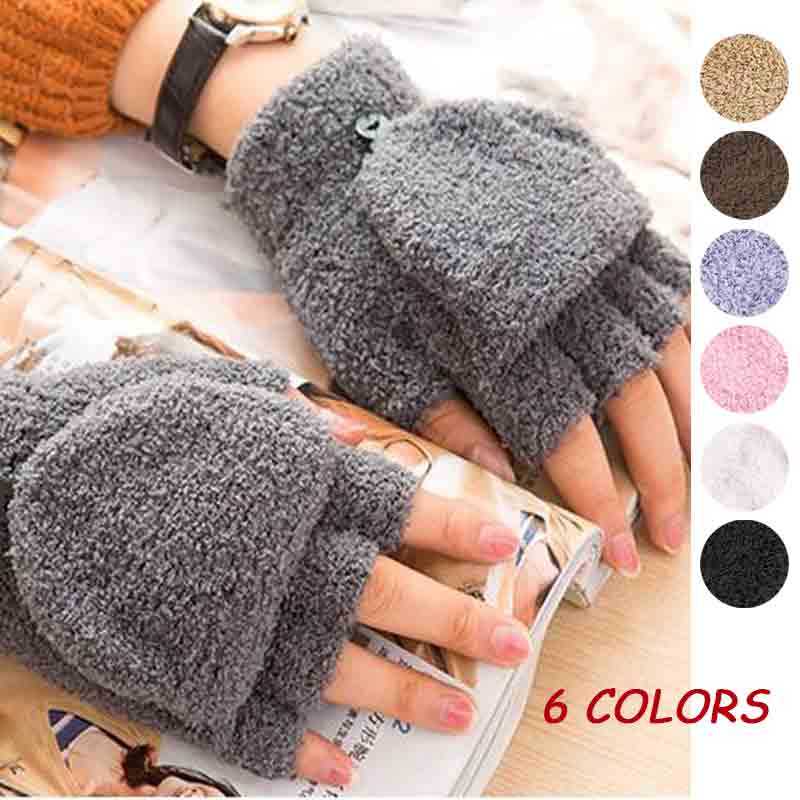 Student Dual-use Boys Girls Warm Winter Coral Velvet Gloves Convertible Flip Top Half Finger Gloves 