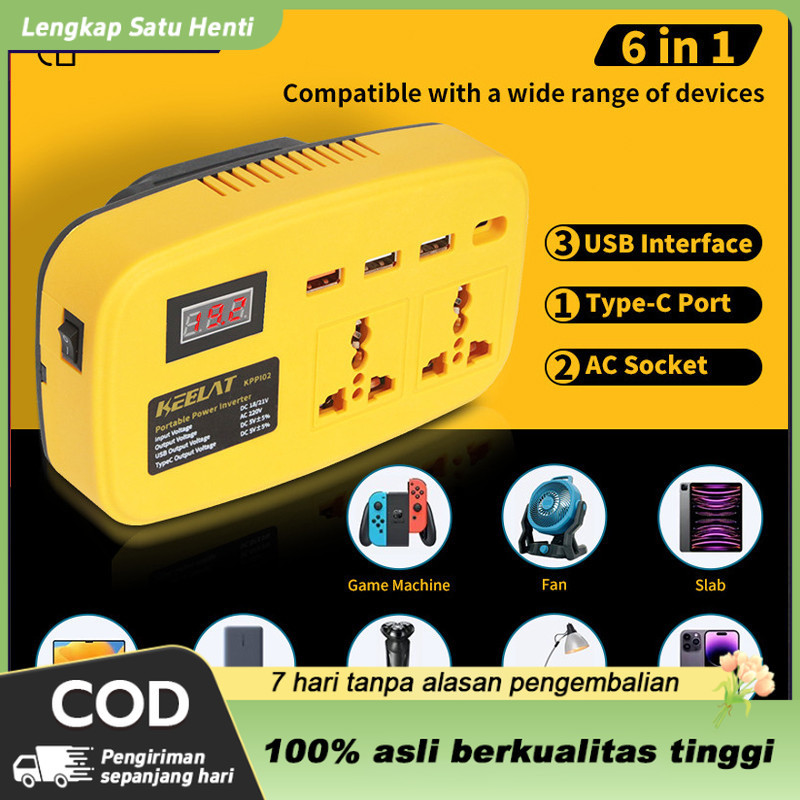 [KEELAT KPPI02] Super Power DIY Inverter Charger Portabel 6in1 21V to 220V 150W-3 USB Baterai Makita
