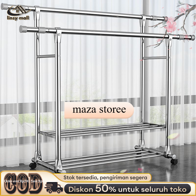 Rak Gantungan Baju Berdiri Stainless Steel Tebal Jemuran Baju Stainless Jemuran Baju Dobel Pool Roda