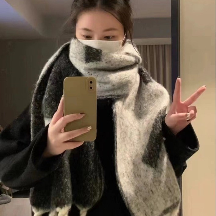 Fashion Mohair Wool Tassel Scarves Warm Thick Braid Fringe Vintage Thick Shawl Soft Charcoal Grey Lo