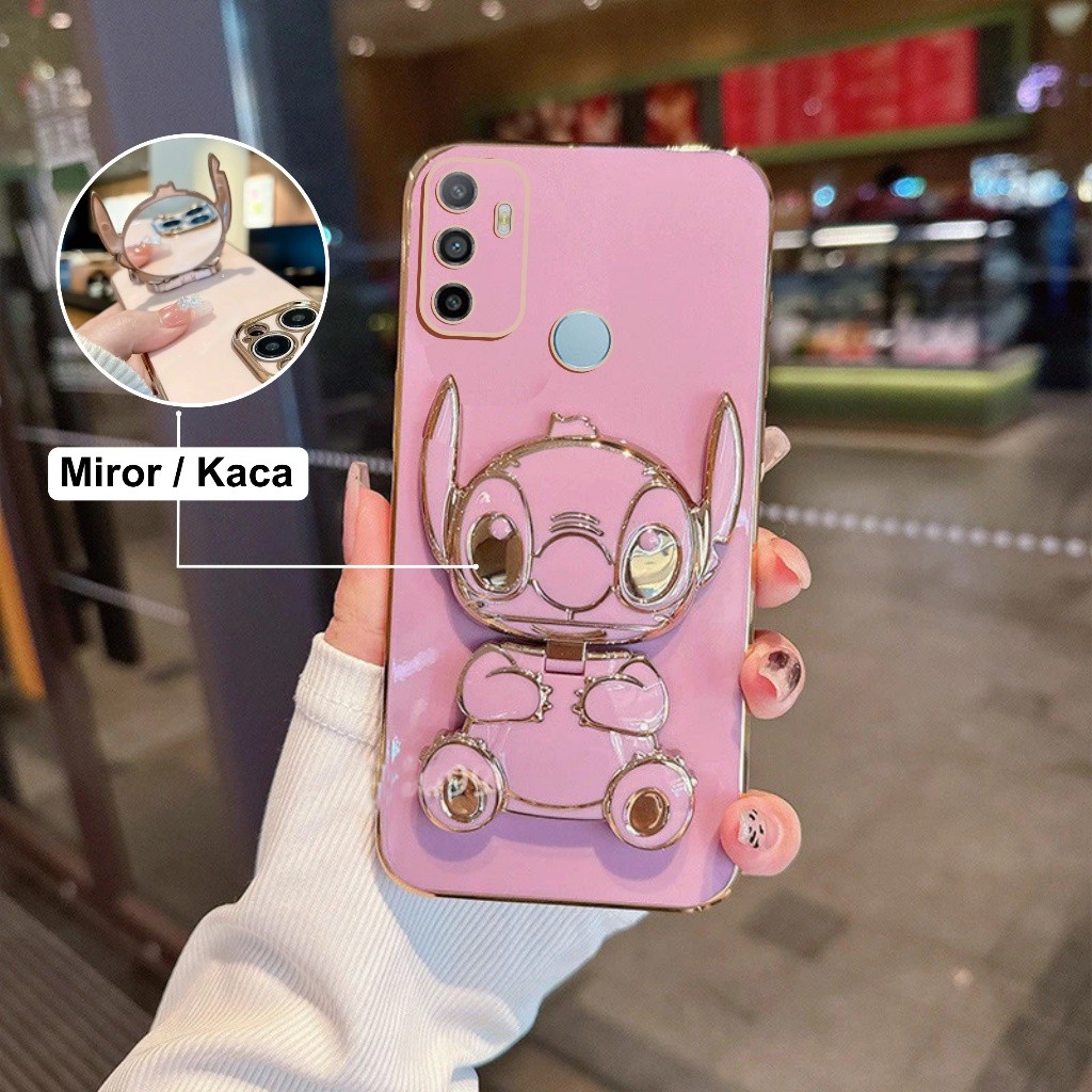 Soft Case Oppo A53 A53s A33 4G 2020 Silicon Dudukan Miror Cute Stich Plating Casing Handphone